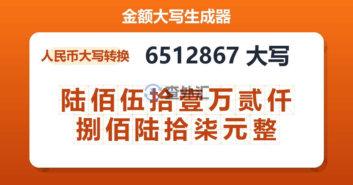 6512867大写 陆佰伍拾壹万贰仟捌佰陆拾柒元整
