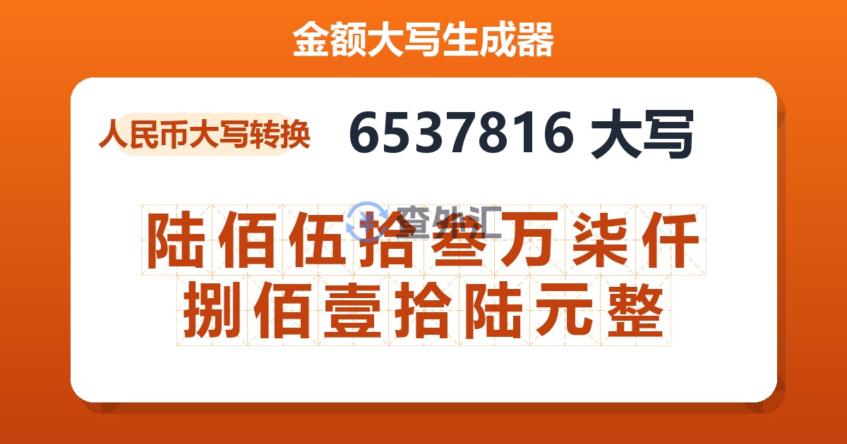 6537816大写 陆佰伍拾叁万柒仟捌佰壹拾陆元整