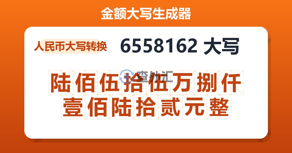6558162大写 陆佰伍拾伍万捌仟壹佰陆拾贰元整