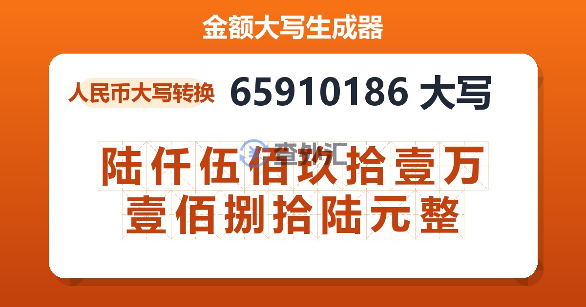 65910186大写 陆仟伍佰玖拾壹万壹佰捌拾陆元整