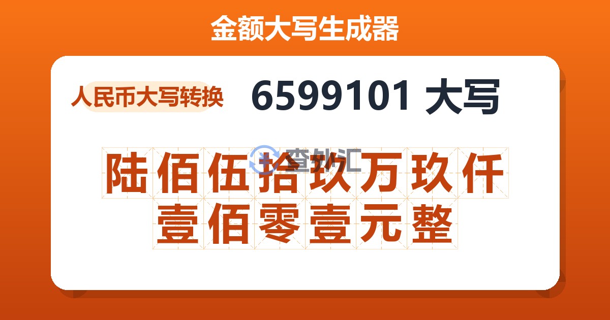 6599101大写 陆佰伍拾玖万玖仟壹佰零壹元整
