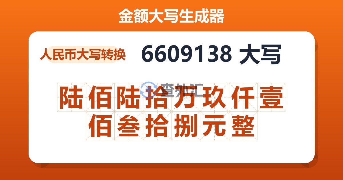 6609138大写 陆佰陆拾万玖仟壹佰叁拾捌元整