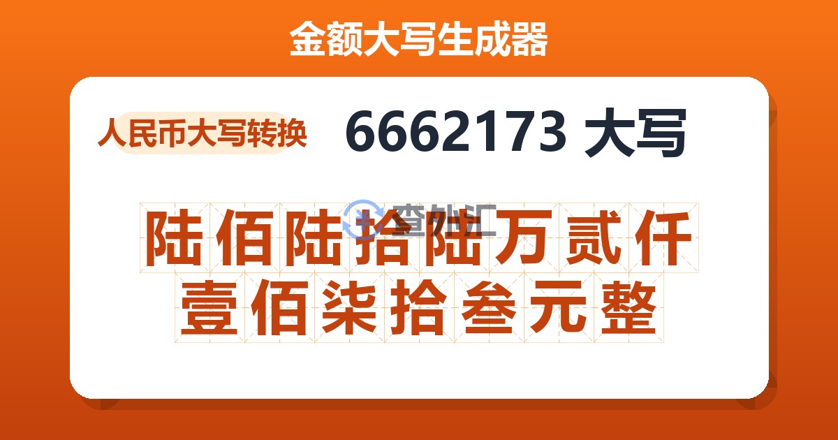 6662173大写 陆佰陆拾陆万贰仟壹佰柒拾叁元整