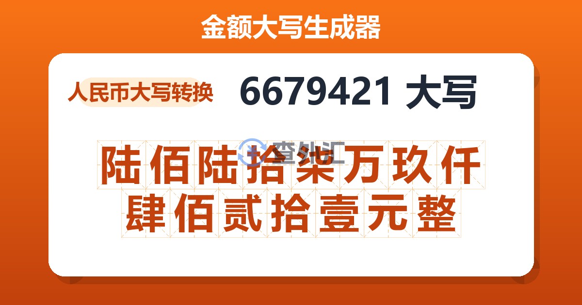 6679421大写 陆佰陆拾柒万玖仟肆佰贰拾壹元整