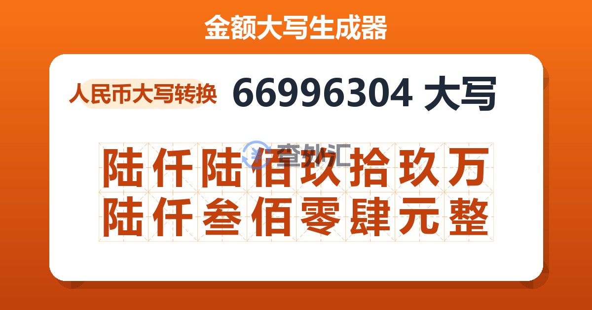 66996304大写 陆仟陆佰玖拾玖万陆仟叁佰零肆元整