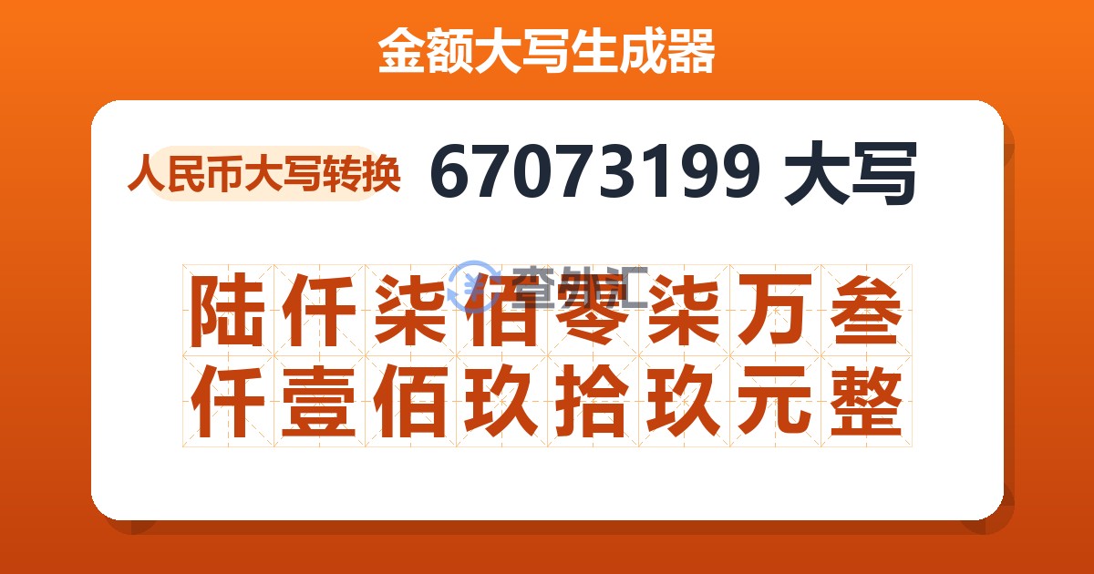 67073199大写 陆仟柒佰零柒万叁仟壹佰玖拾玖元整