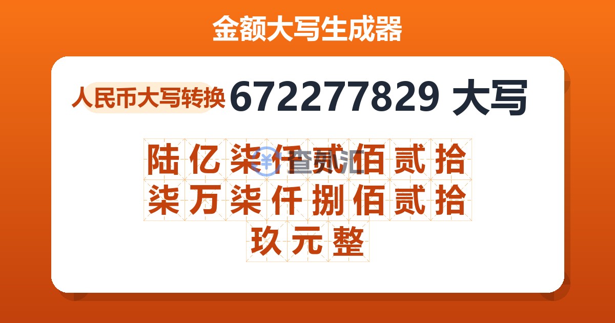 672277829大写 陆亿柒仟贰佰贰拾柒万柒仟捌佰贰拾玖元整