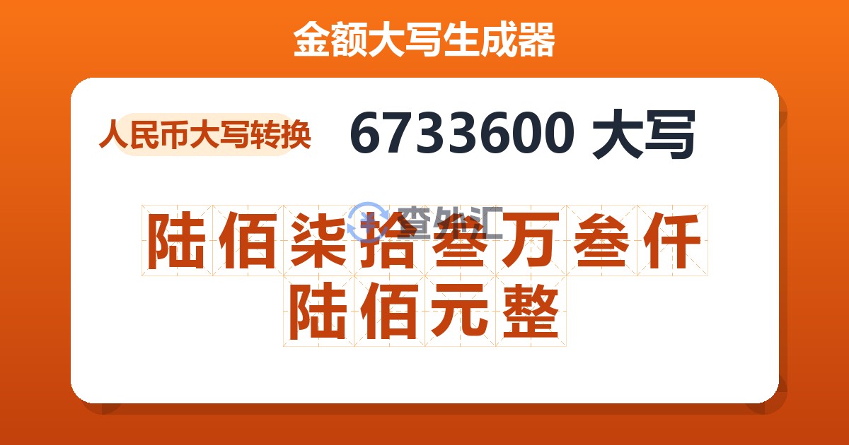 6733600大写 陆佰柒拾叁万叁仟陆佰元整