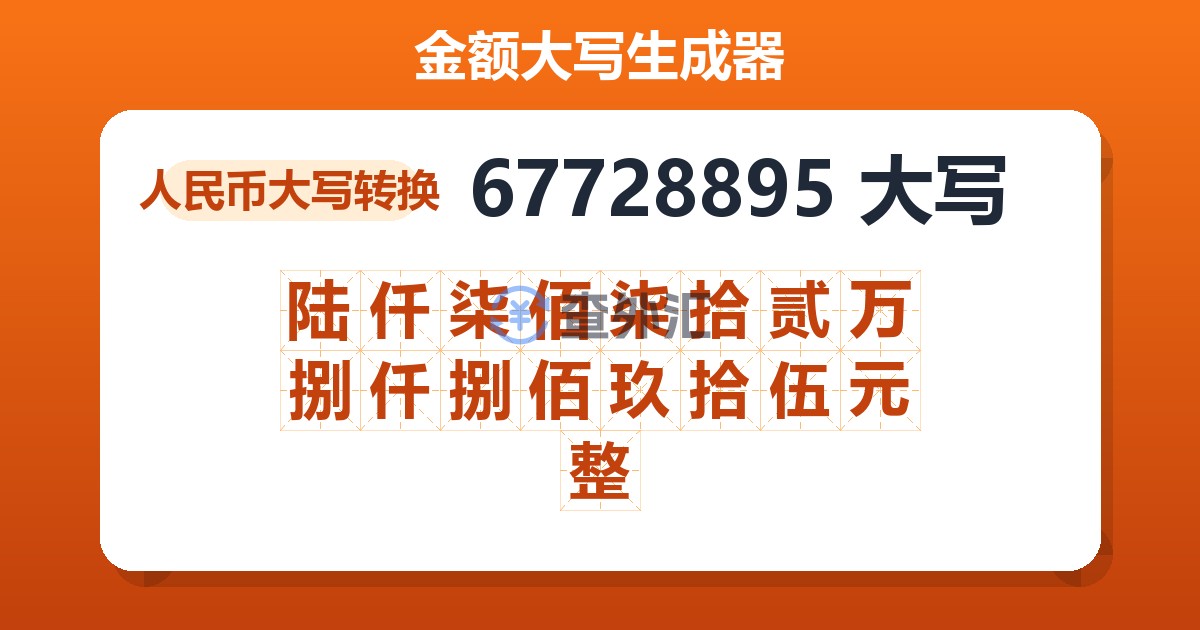 67728895大写 陆仟柒佰柒拾贰万捌仟捌佰玖拾伍元整
