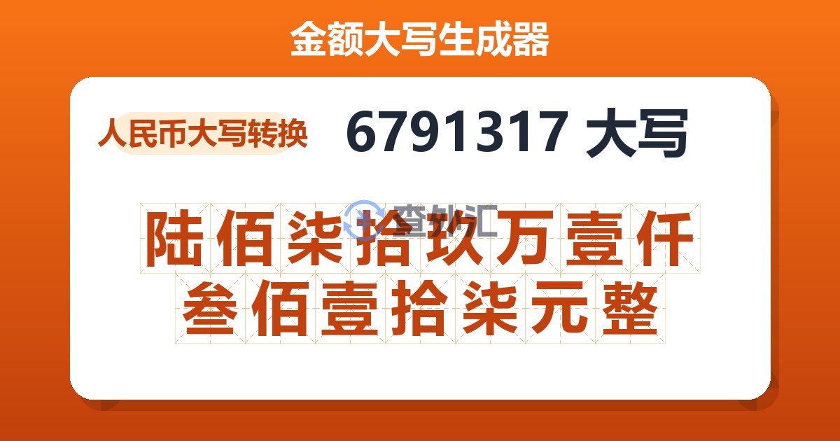 6791317大写 陆佰柒拾玖万壹仟叁佰壹拾柒元整