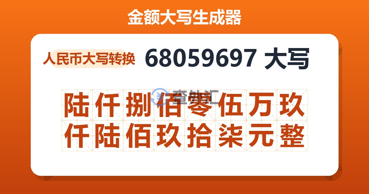 68059697大写 陆仟捌佰零伍万玖仟陆佰玖拾柒元整