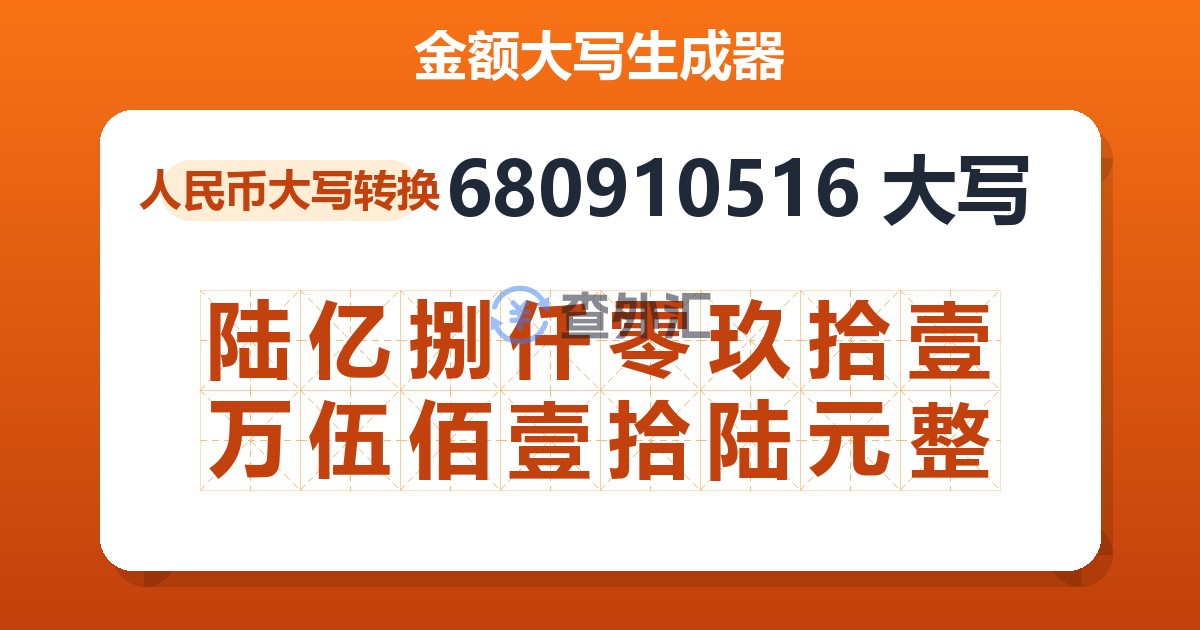 680910516大写 陆亿捌仟零玖拾壹万伍佰壹拾陆元整