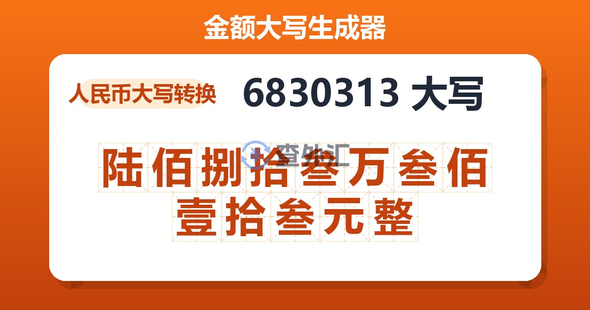 6830313大写 陆佰捌拾叁万叁佰壹拾叁元整