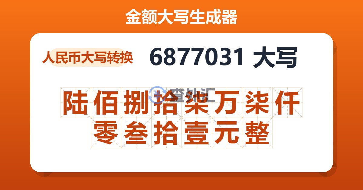 6877031大写 陆佰捌拾柒万柒仟零叁拾壹元整