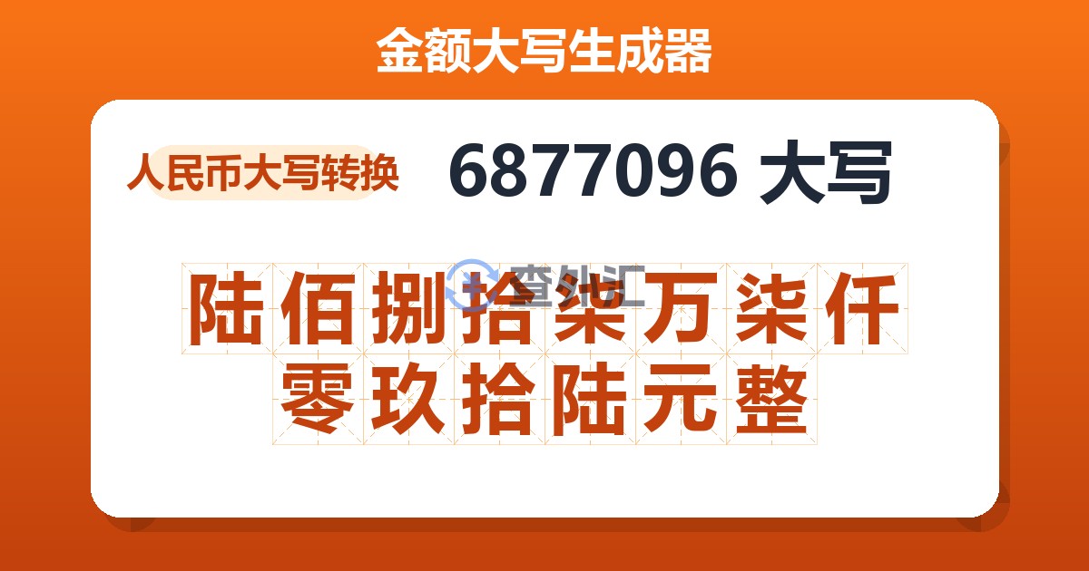 6877096大写 陆佰捌拾柒万柒仟零玖拾陆元整