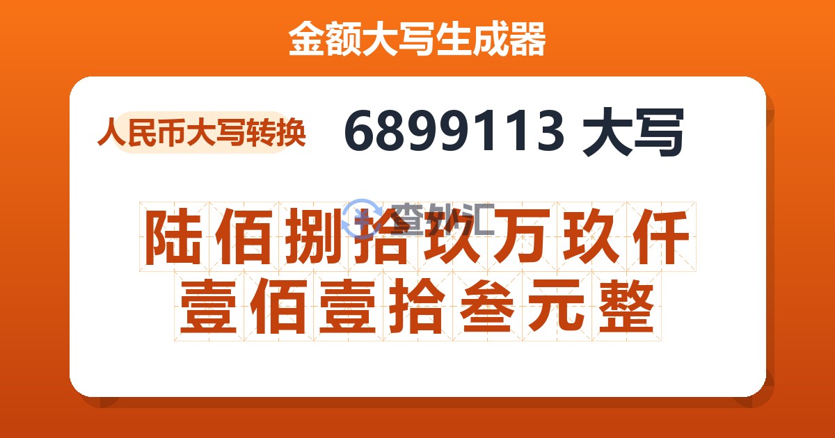 6899113大写 陆佰捌拾玖万玖仟壹佰壹拾叁元整