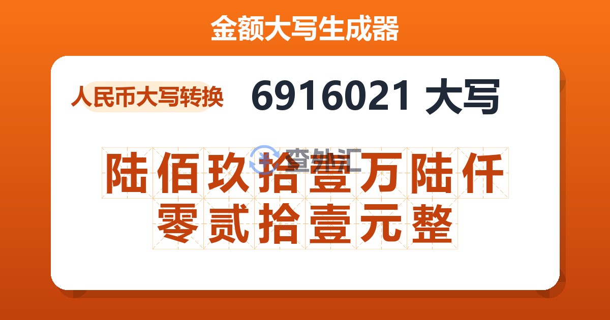 6916021大写 陆佰玖拾壹万陆仟零贰拾壹元整