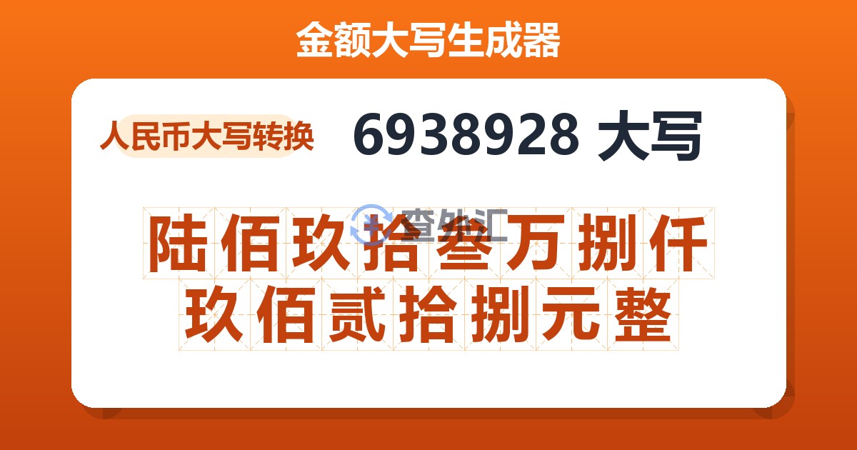6938928大写 陆佰玖拾叁万捌仟玖佰贰拾捌元整