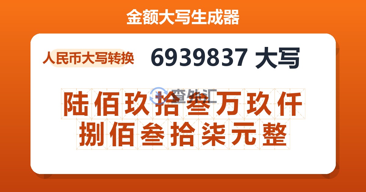 6939837大写 陆佰玖拾叁万玖仟捌佰叁拾柒元整