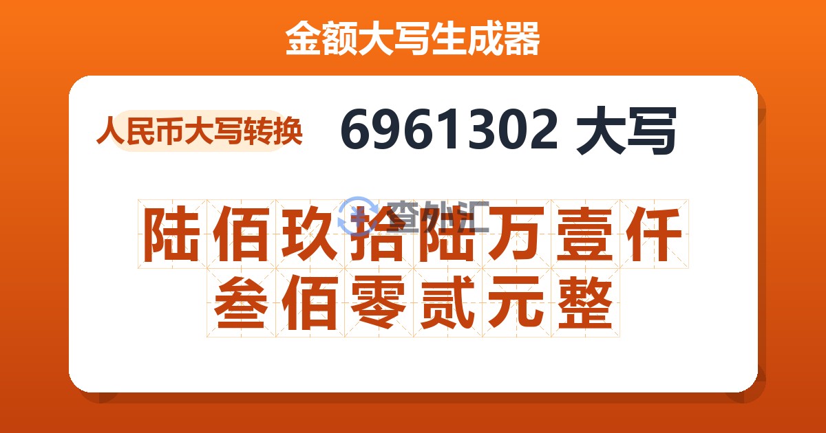 6961302大写 陆佰玖拾陆万壹仟叁佰零贰元整