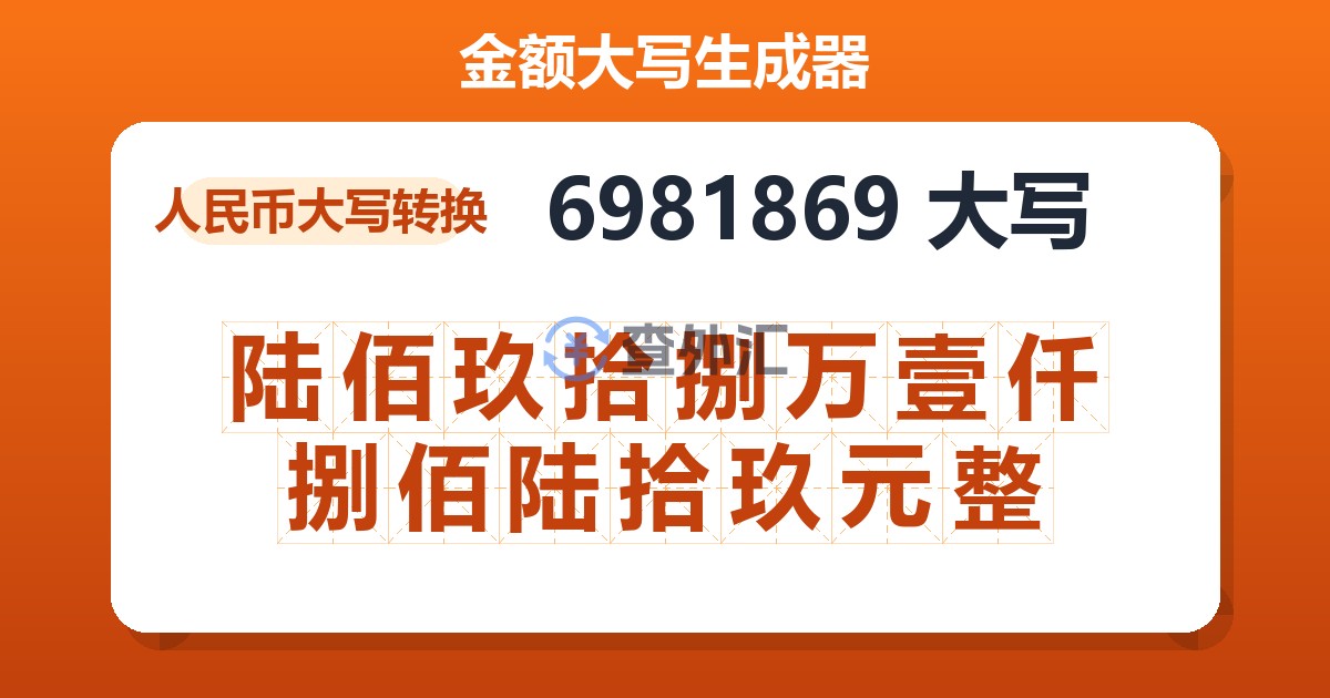 6981869大写 陆佰玖拾捌万壹仟捌佰陆拾玖元整