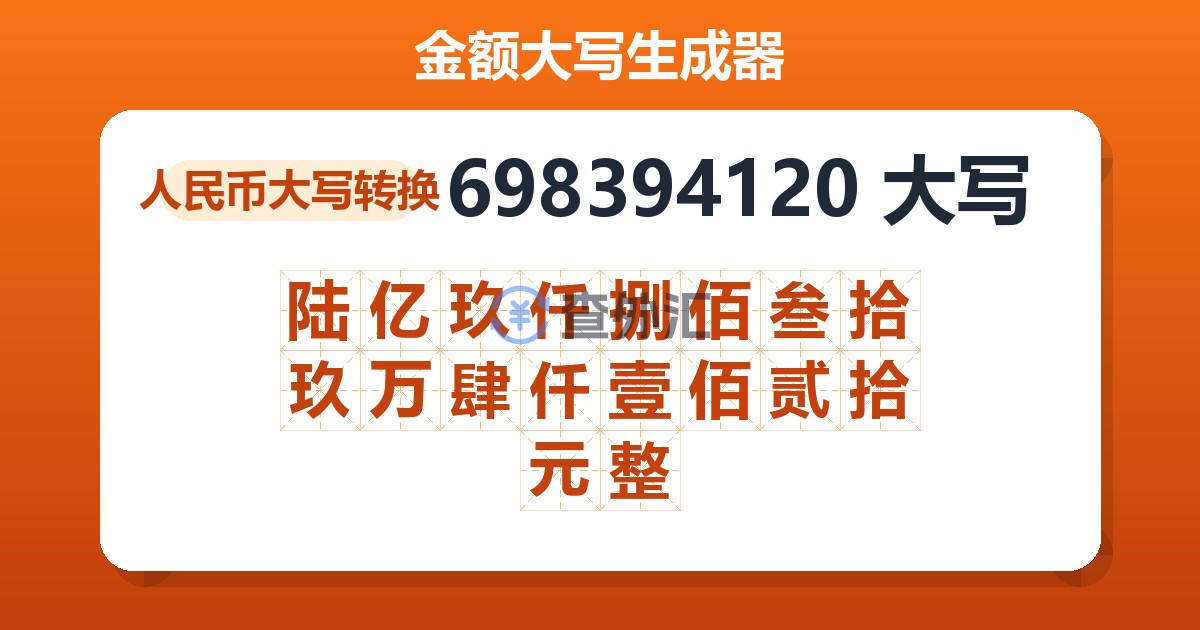 698394120大写 陆亿玖仟捌佰叁拾玖万肆仟壹佰贰拾元整
