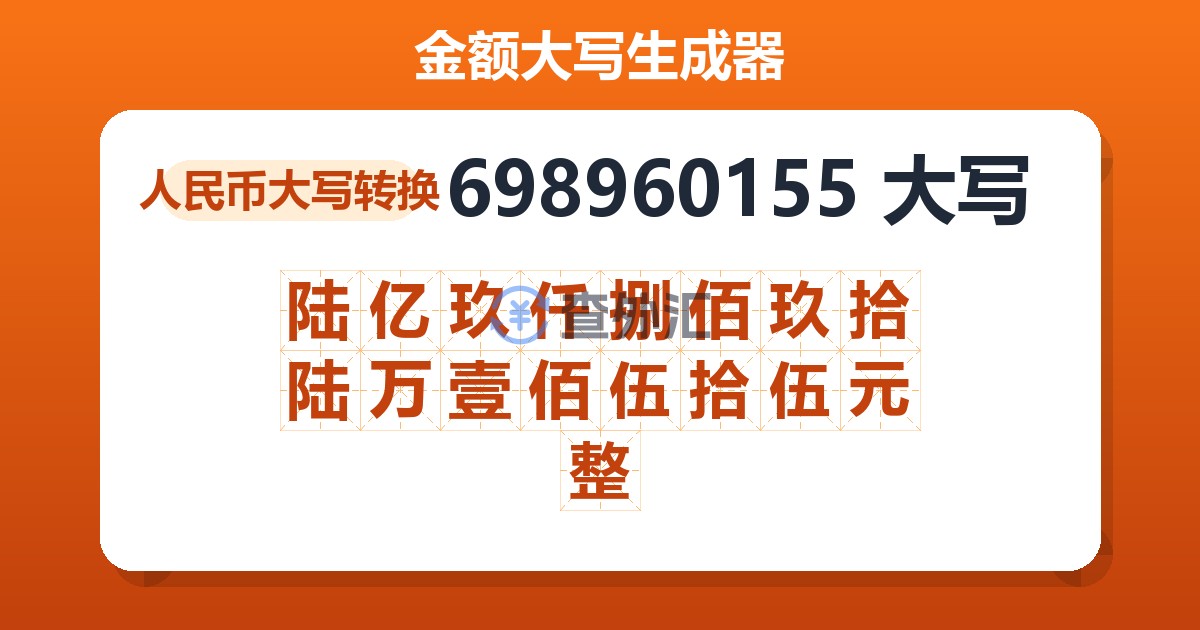 698960155大写 陆亿玖仟捌佰玖拾陆万壹佰伍拾伍元整