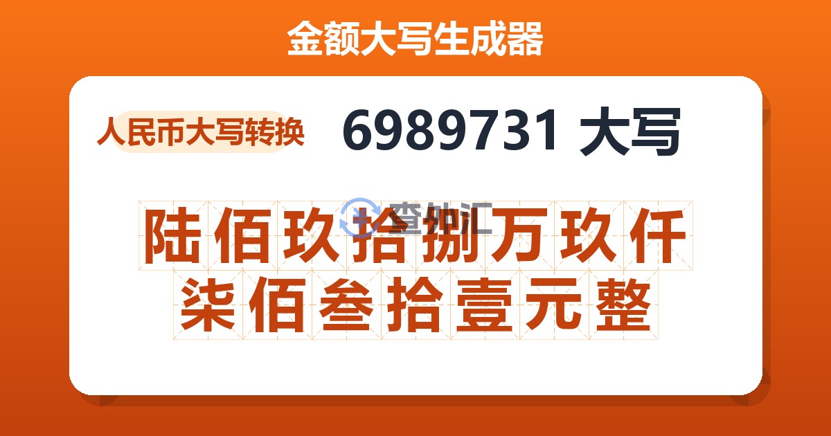 6989731大写 陆佰玖拾捌万玖仟柒佰叁拾壹元整