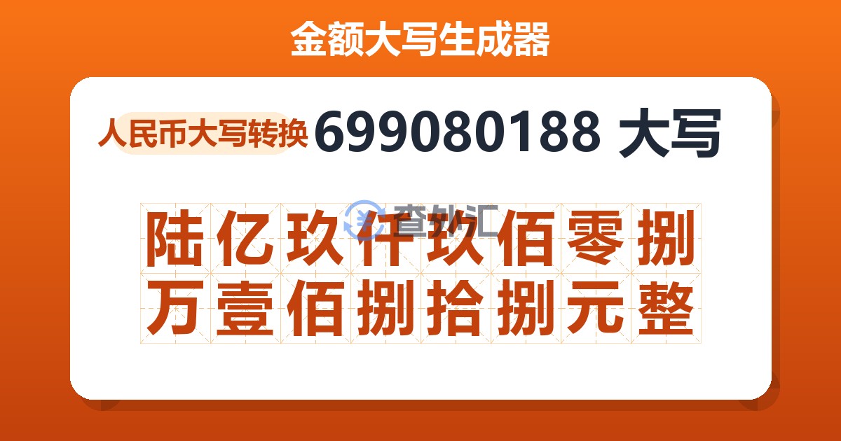 699080188大写 陆亿玖仟玖佰零捌万壹佰捌拾捌元整
