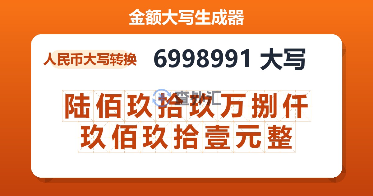 6998991大写 陆佰玖拾玖万捌仟玖佰玖拾壹元整