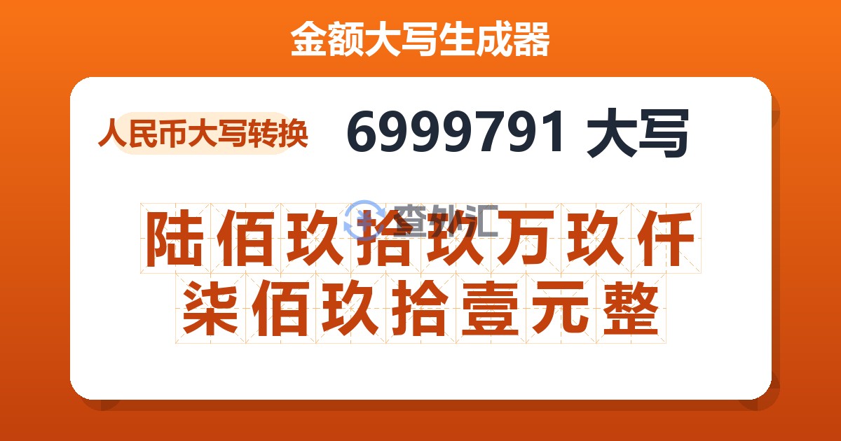 6999791大写 陆佰玖拾玖万玖仟柒佰玖拾壹元整