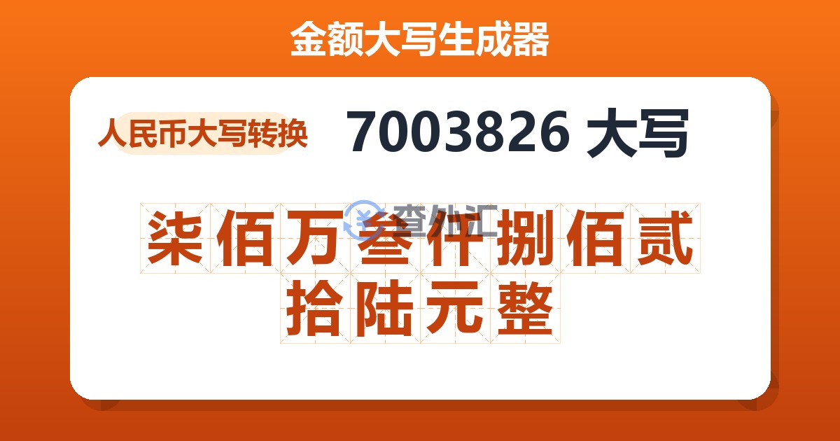 7003826大写 柒佰万叁仟捌佰贰拾陆元整