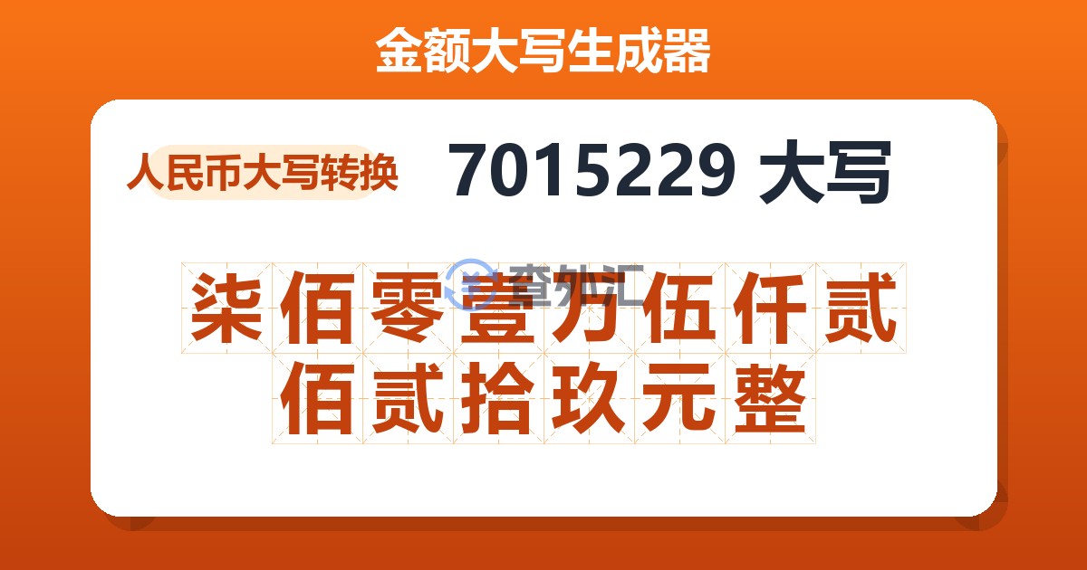 7015229大写 柒佰零壹万伍仟贰佰贰拾玖元整