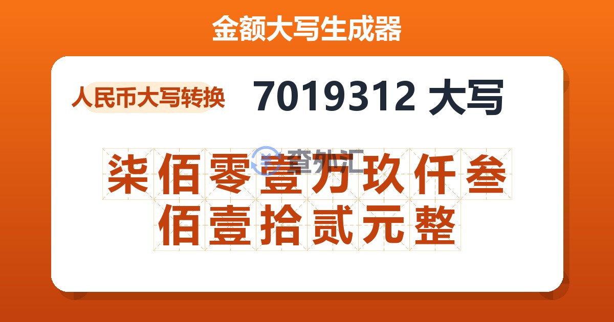 7019312大写 柒佰零壹万玖仟叁佰壹拾贰元整