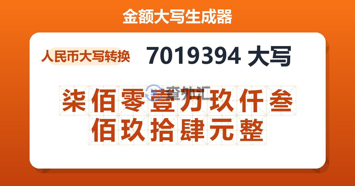 7019394大写 柒佰零壹万玖仟叁佰玖拾肆元整