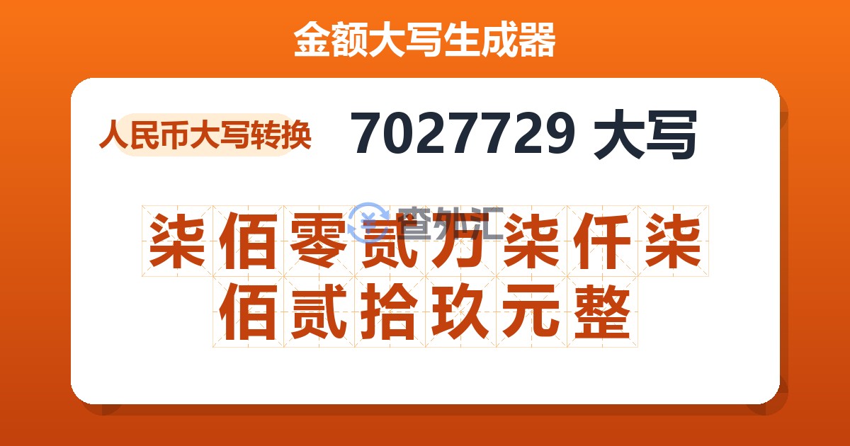 7027729大写 柒佰零贰万柒仟柒佰贰拾玖元整