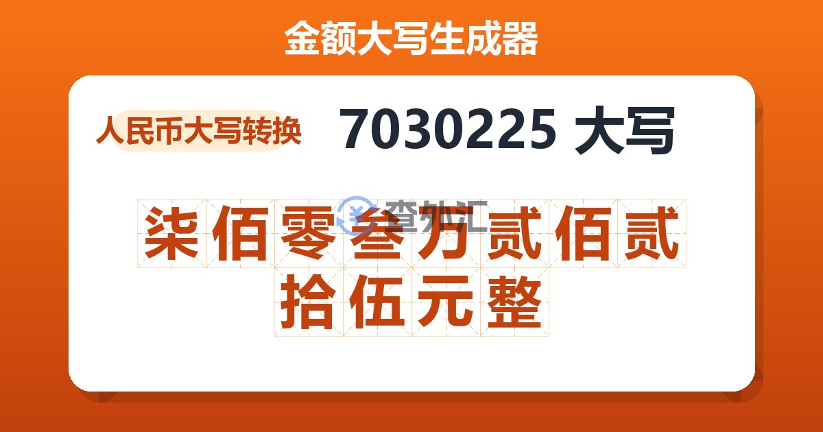 7030225大写 柒佰零叁万贰佰贰拾伍元整
