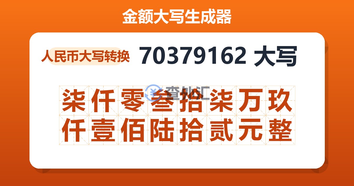 70379162大写 柒仟零叁拾柒万玖仟壹佰陆拾贰元整