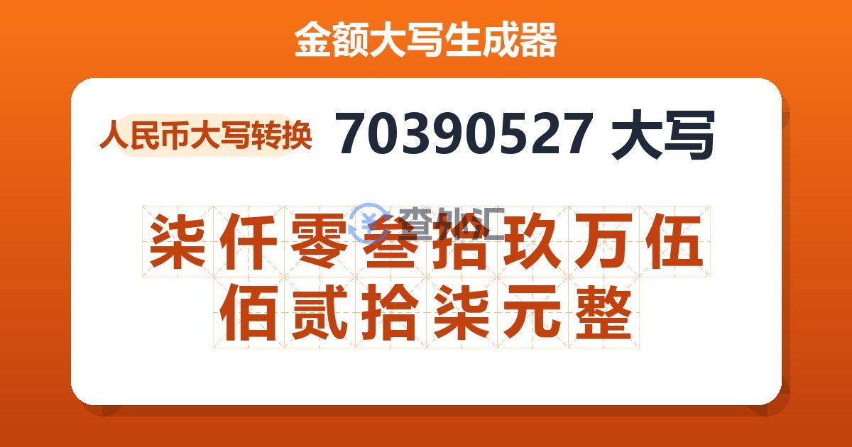 70390527大写 柒仟零叁拾玖万伍佰贰拾柒元整