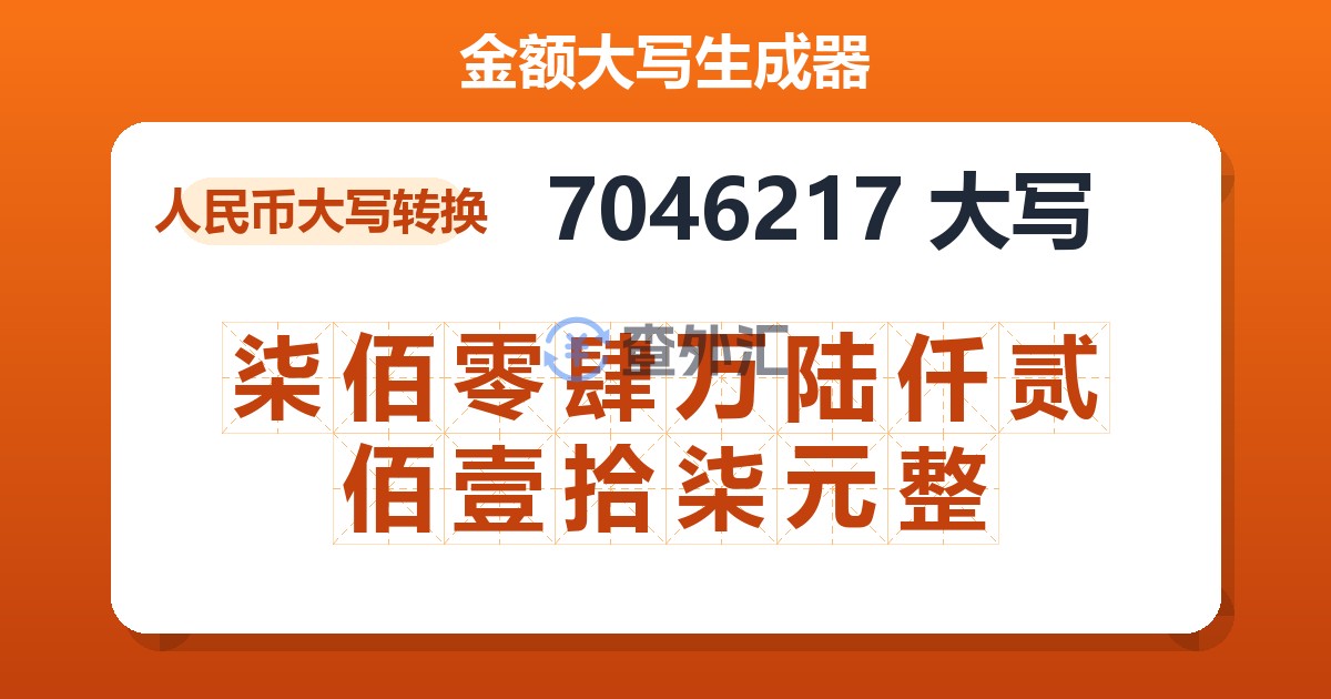 7046217大写 柒佰零肆万陆仟贰佰壹拾柒元整