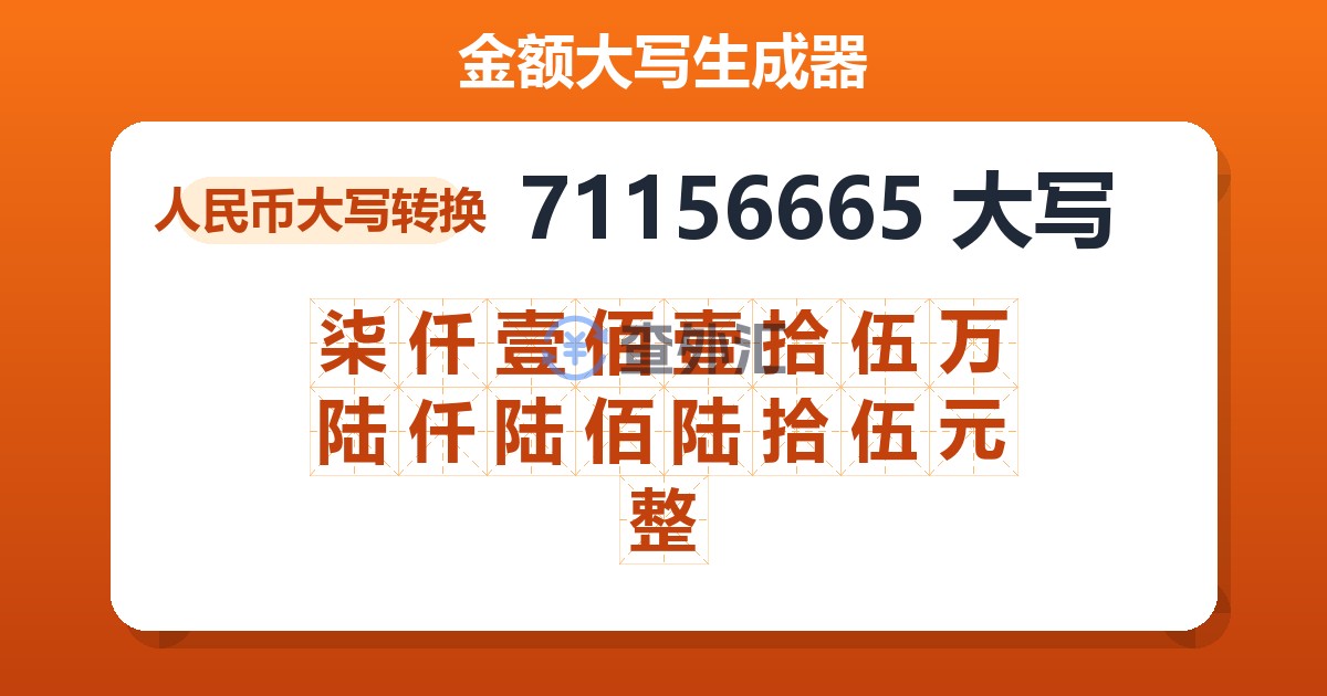 71156665大写 柒仟壹佰壹拾伍万陆仟陆佰陆拾伍元整