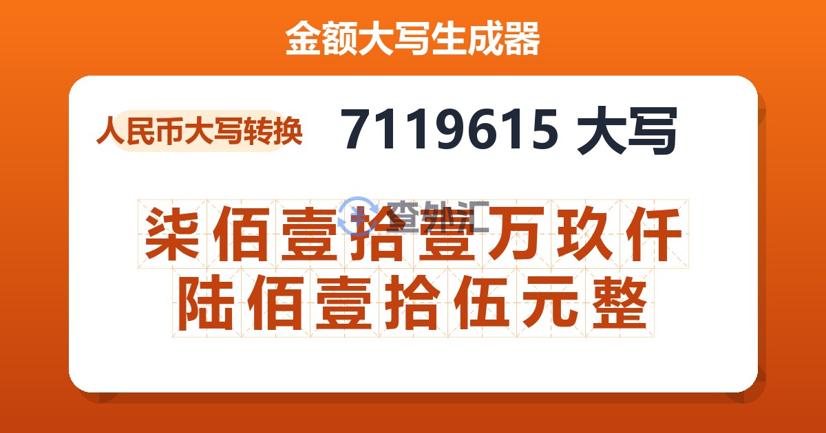 7119615大写 柒佰壹拾壹万玖仟陆佰壹拾伍元整