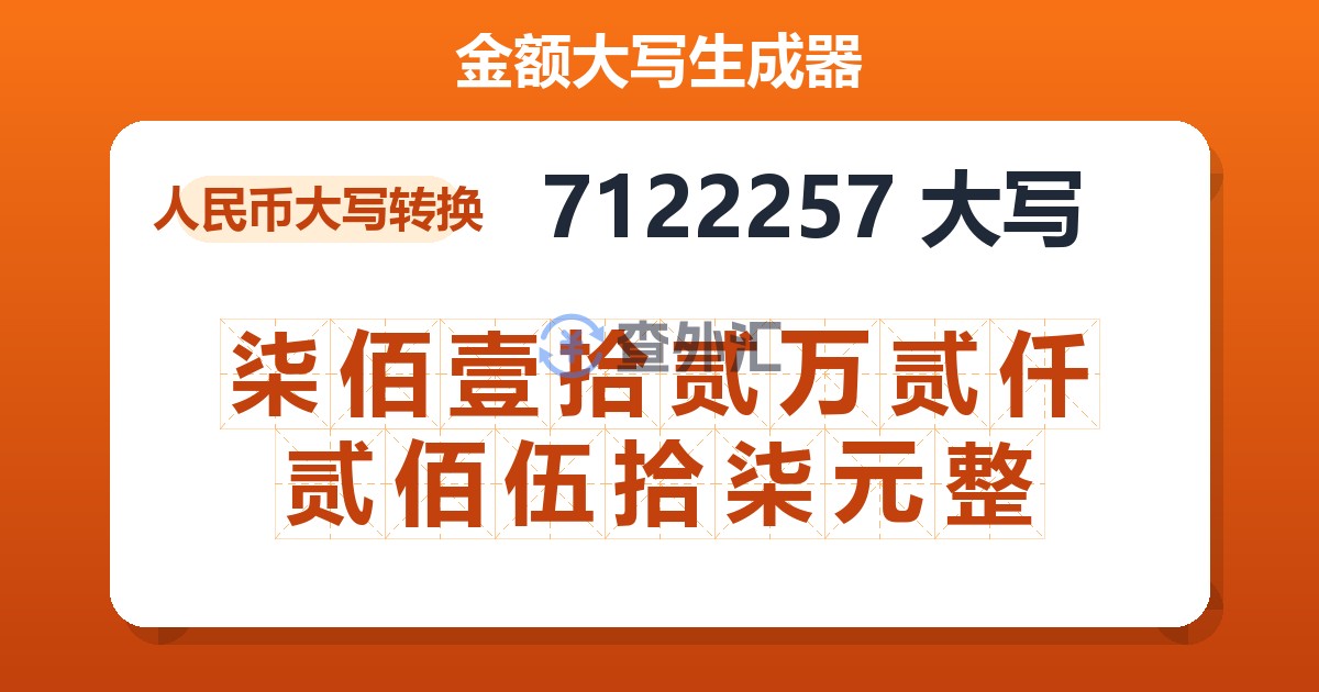 7122257大写 柒佰壹拾贰万贰仟贰佰伍拾柒元整