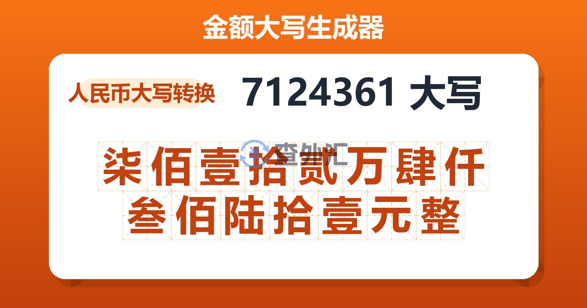 7124361大写 柒佰壹拾贰万肆仟叁佰陆拾壹元整