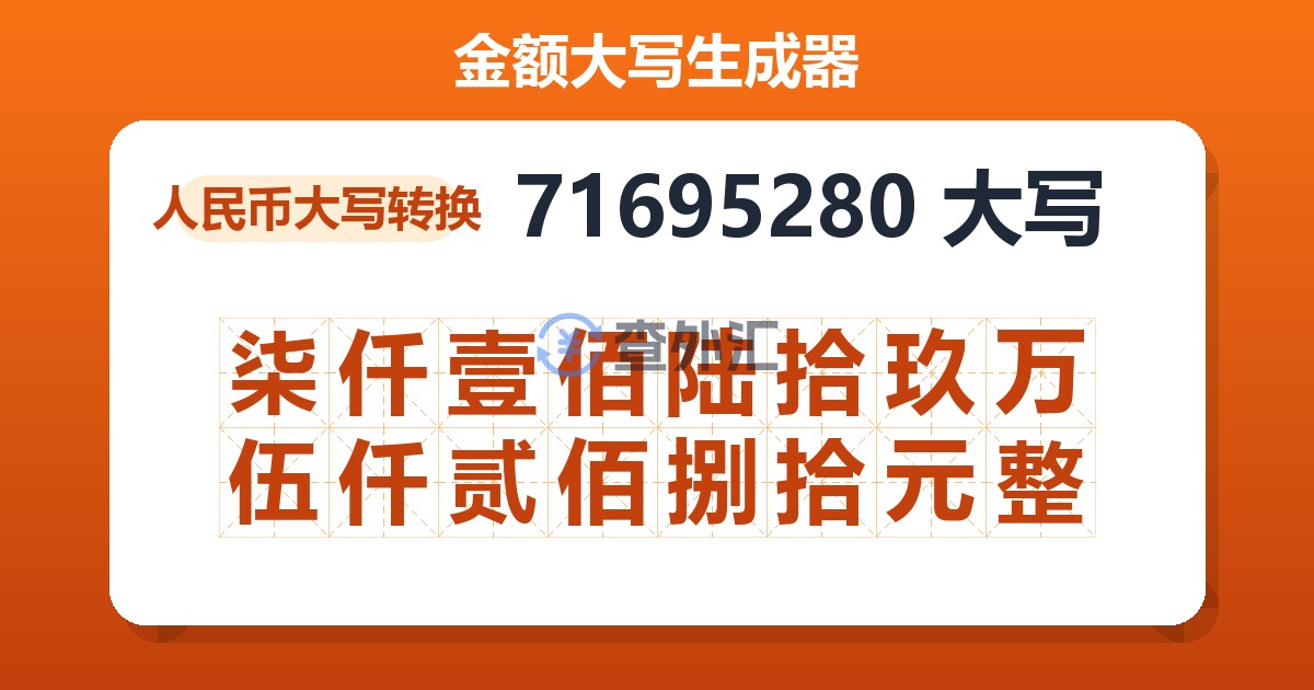 71695280大写 柒仟壹佰陆拾玖万伍仟贰佰捌拾元整