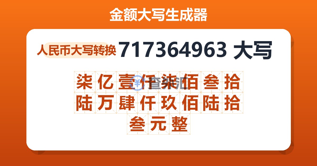 717364963大写 柒亿壹仟柒佰叁拾陆万肆仟玖佰陆拾叁元整