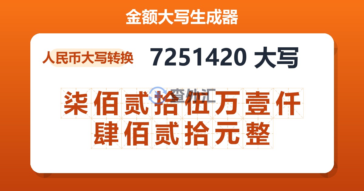 7251420大写 柒佰贰拾伍万壹仟肆佰贰拾元整