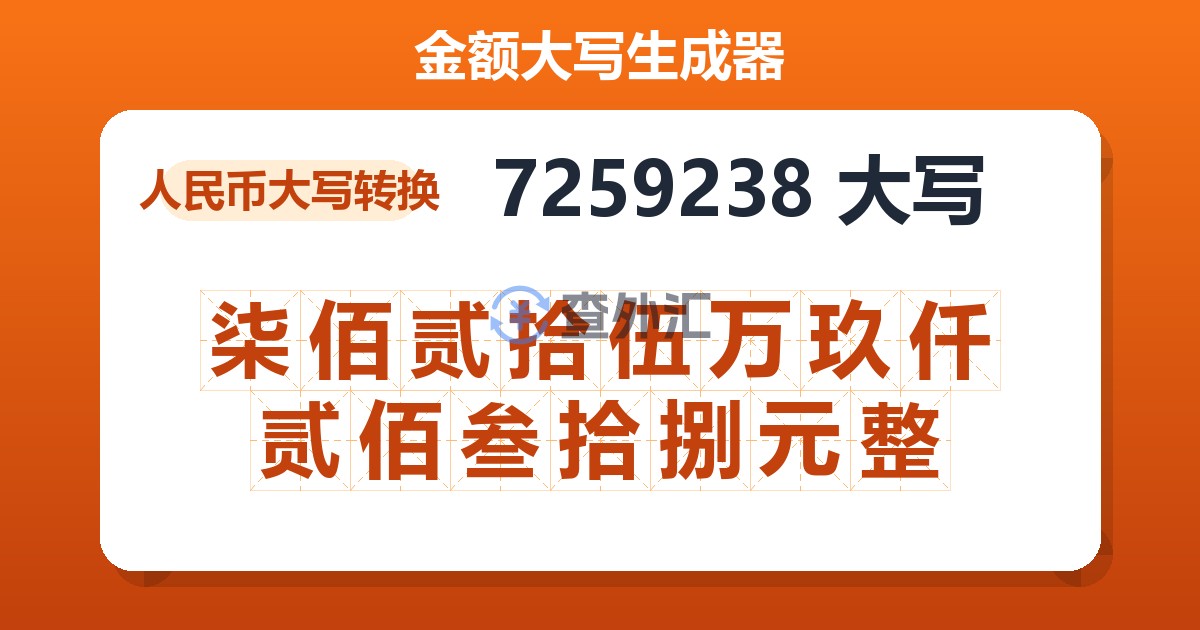 7259238大写 柒佰贰拾伍万玖仟贰佰叁拾捌元整