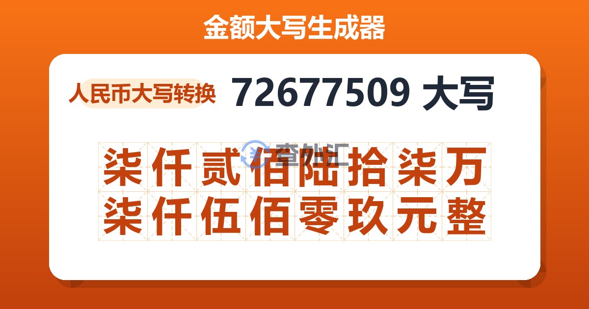 72677509大写 柒仟贰佰陆拾柒万柒仟伍佰零玖元整