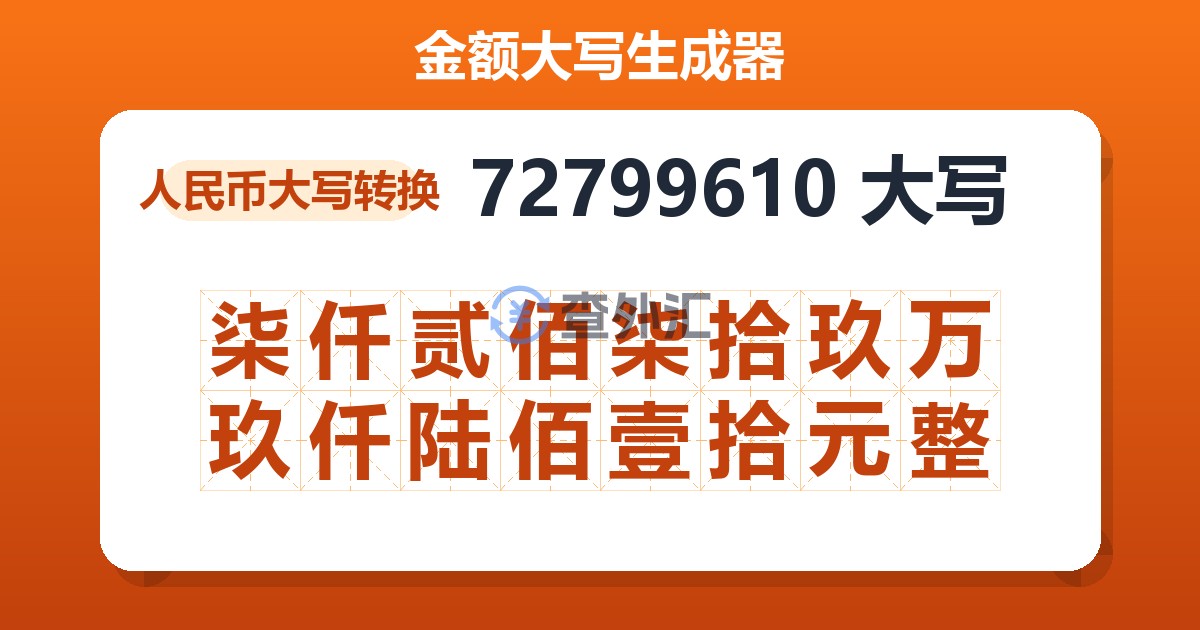 72799610大写 柒仟贰佰柒拾玖万玖仟陆佰壹拾元整